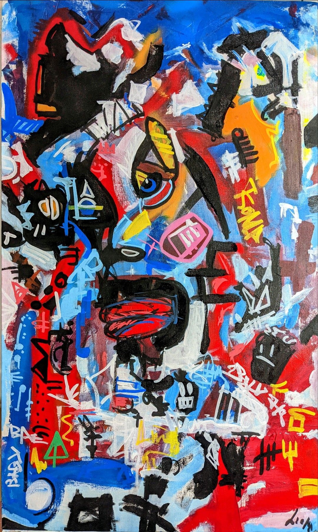 Acrylic and mixed media painting titled 'The Last Carnival' by Lionel Thomas, showcasing a prominent central character against the canvas backdrop, created in Geneva 2021.